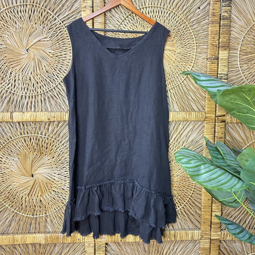 Vintage 316 Black Sleeveless Ruffle Hem Linen Mini Dress Size Large